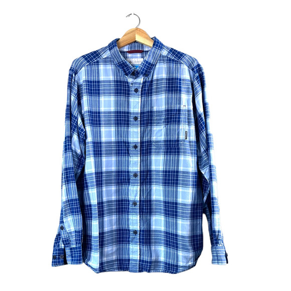 Men's Blue Plaid Columbia Button Front Shirt L - Picture 1 of 8